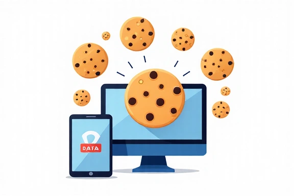 Ilustracja plików cookie na komputerze i smartfonie