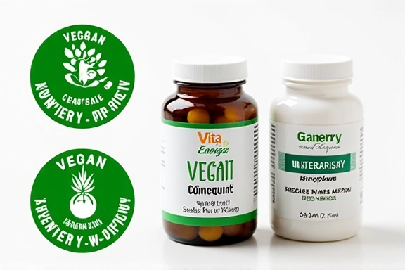 Ikony wegańskie i wegetariańskie obok suplementów Vitaenergiaguide.