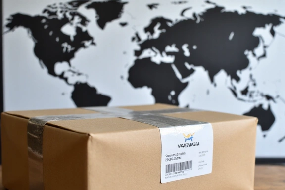 Paczka Vitaenergiaguide z etykietą wysyłkową na tle mapy logistycznej.