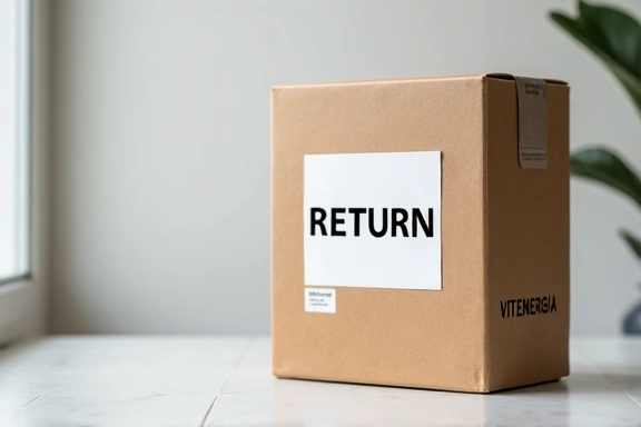 Pudełko Vitaenergiaguide z etykietą zwrotu na stole.