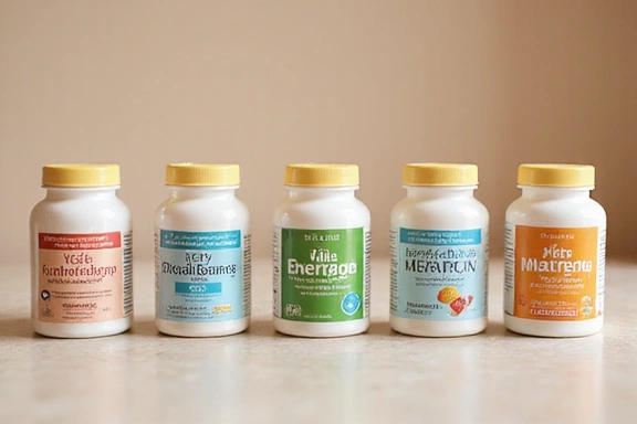Różne butelki suplementów Vitaenergiaguide ustawione obok siebie, symbolizujące kompatybilność.