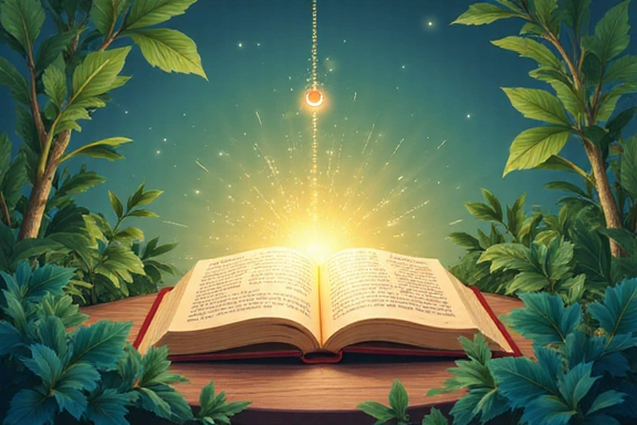 Ilustracja symbolizująca wiedzę i zdrowie, z otwartą książką, roślinami i symbolami zdrowia.