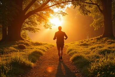 Mężczyzna pełen energii biegnący o poranku w lesie, symbolizujący naturalne wsparcie energii.