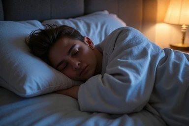 Osoba śpiąca spokojnie w łóżku, otoczona kojącymi światłami, symbolizująca poprawę jakości snu.
