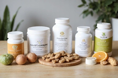 Różnorodne suplementy diety i naturalne składniki leżące na stole, symbolizujące bezpieczne suplementy.