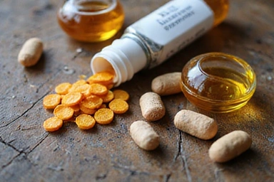 Różnorodne minerały i witaminy ułożone na drewnianym stole, symbolizujące męskie zdrowie.