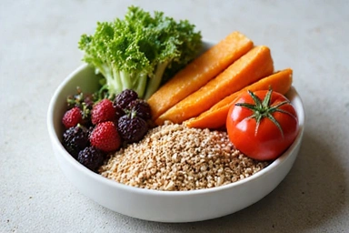 Zdrowa żywność, taka jak warzywa, owoce i pełnoziarniste produkty, ułożona w misce, symbolizująca dietę wspierającą poziom glukozy.