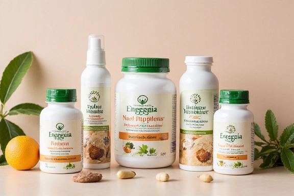 Różnorodne suplementy diety Vitaenergiaguide w eleganckich opakowaniach.