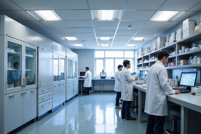 Nowoczesne laboratorium z zaawansowanym sprzętem analitycznym, naukowcy w białych fartuchach pracujący nad próbkami