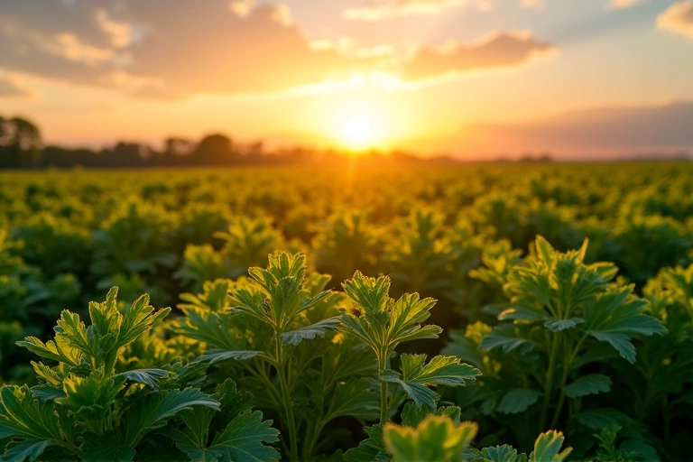 Rozległe pola uprawne, wschodzące słońce nad ekologicznymi plantacjami ziół