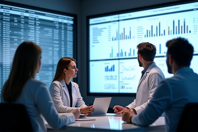 Zespół naukowców dyskutujący wyniki badań w nowoczesnym biurze, z wykresami i danymi na ekranach
