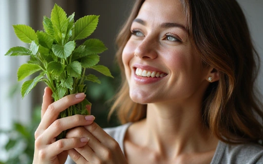 Kobieta z uśmiechem trzymająca w dłoniach roślinę, symbolizującą naturalne zdrowie.